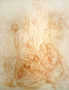 Jungfruns födelse (rödkrita på papper) av Simone Cantarini