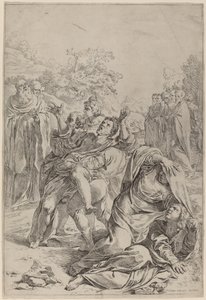 Sankt Benedictus som helar de besatta av Simone Cantarini after Lodovico Carracci