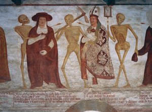 Döden ber kardinalen och biskopen att dansa, detalj från Dödsdansen av Simone II Baschenis