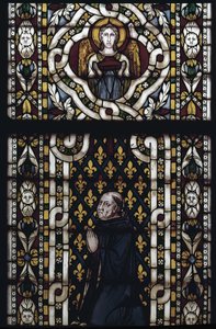 Kardinal Gentil av Montefiore (Gentile Partino da Montefiore, Gentilis av Monteflorum, ca 1240-1312) knäböjer - Målat glas av Simone Martini (ca 1284-1344), cm. 570 x 400. Basilica of St. Francis of Assisi, Lower Church, Chapel of St. Louis, Assisi av Simone Martini