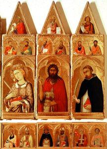Saint Catherine of Alexandria, Saint John the Baptist, Saint Peter of Verona. Detalj av Saint Catherine of Alexandria Polyptych (tempera och guld på trä av Simone Martini