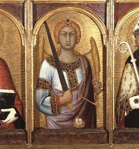 Sankt Mikael, detalj från altartavlan för SS Geminianus, Mikael och Augustinus, ca 1319 (tempera med guld och silver på panel) (detalj av 58835) av Simone Martini