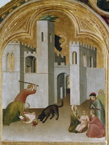 Barnets mirakel griper tag mellan huggtänderna på en varg. Del av triptyken History of Eremit of St. Augustine (Tempera på trä av Simone Martini