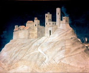 Utsikt över slottet Montemassi i Maremma (Maremma) 1328. Fresk av Simone Martini (1284 ca.-1344) av Simone Martini
