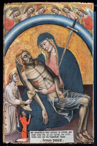 Klagoång över den döde Kristus med klienten, Iohannes de Elthinl, av Simone dei Crocifissi, ca. 1368. Jungfrun representeras som Vår Fru av sorger, med ett svärd i hjärtat.