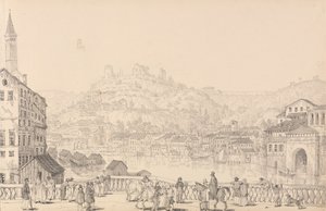 Album med 30 vyer i Tyrolen och Italien: Staden Verona och slottet San Pietro från en annan bro, 1 november 1840