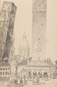 Album med 30 vyer i Tyrolen och Italien: Lutande tornen, Statyn av St. Franciskus, Bologna 12 november 1840 av Sir Charles D