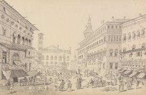 Album med 30 vyer i Tyrolen och Italien: Torget i Bologna, katedralen och palatset för påvens legat 12 november 1840