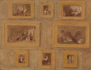 Det enda barnet; Judarnas Harpa; The Cut Finger; Blindbock; Hyresdagen; The Scotch Piper; Prieu-Dieu; och självporträtt: en skiss av de åtta målningarna inramade och hängande på en vägg