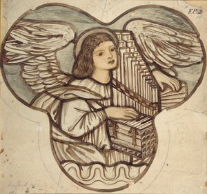 Design för målat glas i Lyndhurst Church: An Angel Organist, 1886 av Sir Edward Coley Burne Jones