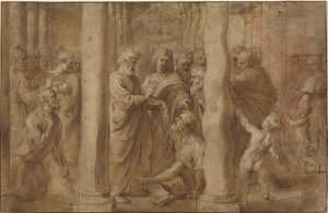 Den lame mannens mirakel helad av Sankt Peter och Sankt Johannes av Sir Peter Paul Rubens over Anonymous Italian after Parmigianino after Raphael