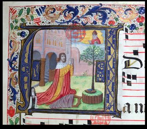 Ms 432 Historiserad initial A, från en tidskrift som användes av systrarna i karmelitkongregationen i Brygge, skriven av syster Margarita Bruynewe, 1505, vellumdetalj av 215014 av Sister Cornelia Wulfekkercke
