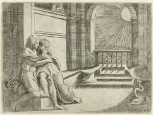 Abimelech ser Isaak Rebekka liefkozen Bijbelse scener (serietitel) Historia del Testamento Vecchio / Målad i Rom i Vatikanen av Raffaelle di Urbin (...) (serietitel)