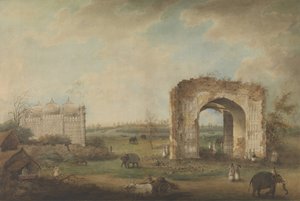 Utsikt över en moské och port vid Motijhil, ca. 1814-23. av Sita Ram.