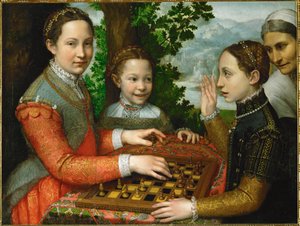 Ett schackparti, där målarens tre systrar och en betjänt deltar av Sofonisba Anguissola