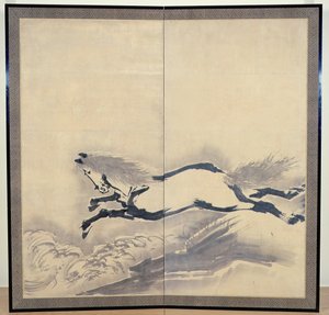 Hästhoppning, japanskt, Edo-perioden, ca 1700-tal (bläck på papper) (ett par) (se även 121396)