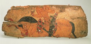Sköld, hittad i ruinerna av Qalai Mugh (Zoroastrarnas slott), sent 1600-tidigt 1700-tal (trä, läder och färg) av Sogdian Sogdian