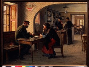 En petition (A petition). På ett kafé pratar en kvinna med en soldat från Röda armén som fyller i ett formulär åt henne. Bakom dem, det vanliga myllret på ett kafé. Målning av Solomon Yakovlevich Kishinevsky (Kishinevsky) (1863-1941), olja av Solomon Yakovlevich Kishinevsky