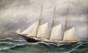 Skonaren "Robert Ingle Carter" för fulla segel, sjösatt 1891 i Boston (Massachusetts, USA) för en kolhandlare i Newport (Rhode Island, USA) av Solon Francis Montecello Badger