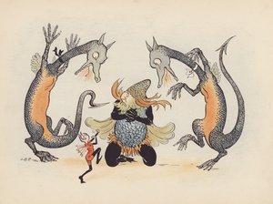 Illustration till Little Twin Dragons av S Rosamond Praeger (färglitografi)