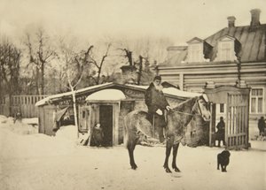 Ryske författaren Leo Tolstoj till häst, Moskva, Ryssland, 1900-talet av Sophia Andreevna Tolstaya