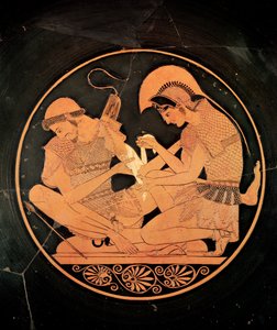 Interiör av en röd vindsfigur kylix föreställande Achilles Tending the Wounded Patrocles, från Vulci, c.500 f.Kr. (keramik) av Sosias Painter