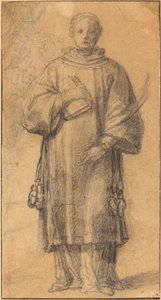 Ett stående helgon som håller en bok och ett palmblad av Spanish 17th Century