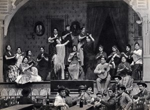 Sevilla, Spanien, dans- och flamencomusikscen i ett kafé. Fotografi, sent 1800-tal,