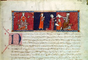 En kvinna som avlägger en ed inför kung James I (1207-76) av Mallorca, från Capbreu de Clayra et de Millas, 1292 av Spanish School