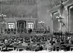 En samling katalanska nationalister samlades i Manresas stadshus, för utarbetandet av de 16 baserna för att tjäna den katalanska regionala konstitutionen 1892. Teckning av Jaume Pahissa. av Spanish School