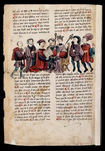 En man presenterar en bok för kungen, miniatyr i "Book of Punishments or Documents for Good Living" av Spanish School