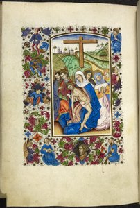 Lägg till MS 50004 f.70v Jungfru Maria som håller Kristi kropp, med två lärjungar och kvinnor bredvid sig, från en "Timesbok" (bläck, färg & guld på veläng) av Spanish School