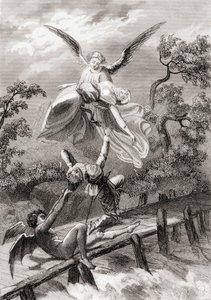Amina förs bort av en ängel medan djävulen fångar Sacristan av Albaicin (litho) av Spanish School