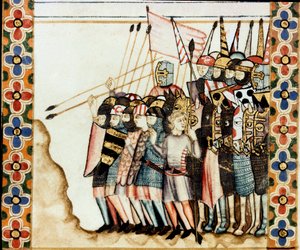Armee des croises Detalj av en sida hämtad från ett manuskript av Sankta Marias sång (Cantigas de Santa Maria), dekorerande miniatyrer tillägnade Sankta Maria och hennes mirakel, en samling sånger som återupptas under regen av Alfonso X den vise (1221- 128 av Spanish School