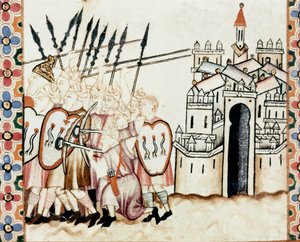 Armee of the Mores försvarar en stad Detalj av en sida hämtad från ett manuskript av Sankta Marias sång (Cantigas de Santa Maria), dekorerar miniatyrer tillägnade Sankta Maria och hennes mirakel, en samling sånger som återupptas under regen av Alfonso X. w av Spanish School