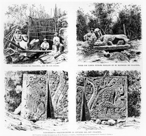 Artefakter upptäckta vid Chichen Itza av Augustus Le Plongeon, illustration från La Ilustracion Espanola y Americana 1877 av Spanish School