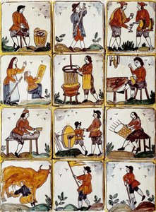 Hantverksyrken: skomakare, tunnbindare, flätad korgtillverkare, vinmakare, tecknare lecon, musiker, komjölkning, vässare, bonde, ebenist. Katalanska keramiska plattor (Spanien) av Spanish School
