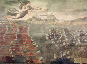 Slaget vid Lepanto. Segerrika fartyg på väg in i Messinas hamn (olja på duk) av Spanish School
