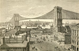 Brooklyn Bridge, New York, USA under 1800-talet. Från El Museo Popular publicerade Madrid av Spanish School