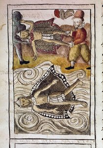 Codex om erövringen av Mexiko: Kropparna av Itzquauhtzin och Montezuma, eller Moctezuma II Aztekernas kejsare (1466-1520), kastas ut ur palatset av spanjorerna. av Spanish School