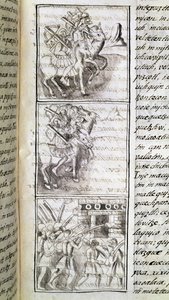 Codex om erövringen av Mexiko: spanjorerna redo att anfalla staden Tenochtitian. Miniatyr av det florentinska manuskriptet "Storia degli Aztechi" (Aztekernas historia) av Bernardino de Sahagun av Spanish School
