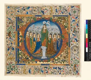 Collage med historiserad initial och bård från en körpsalter, ca 1482-1492 (pergament) av Spanish School