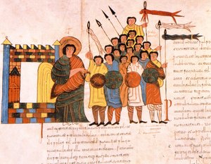 Avgång av kung Davids armé för krig, från St. Isidores visigotisk-mozarabiska bibel, fol.131v., A.D. 960 (tempera på vellum)
