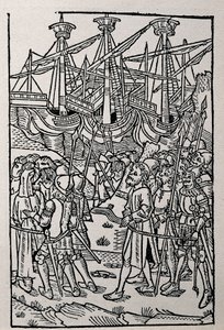 Gravyr i Vespasianus historia, tryckt 1495 i Zaragoza (s/v illustration) av Spanish School