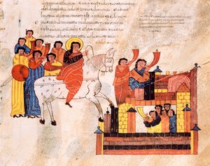Kung Davids intåg i Jerusalem till ljudet av trumpeter, från St. Isidores visigotisk-mozarabiska bibel, fol.135r., A.D. 960