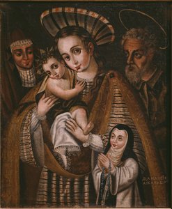 Ex voto, helig familj med St. Anne och nunnan i klostret, Ana de Ibaizabal av Spanish School