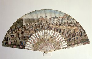 Fläkt som visar Plaza de la Cebada, Madrid (elfenben och gouache på papper) av Spanish School