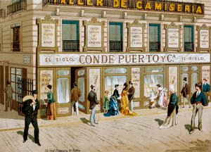 Mode: reklamaffisch för tygaffären "" Conde Puerto "" boutique Barcelona. 1800-talet av Spanish School