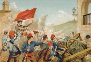 Strider mellan republikanska frivilliga och soldater, Sarria, Barcelona, 1874 av Spanish School