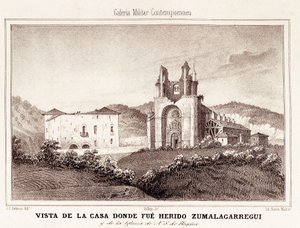 Första Carlistkriget (1833-1840): huset eller Carlistgeneralen Tomas Zumalacarregui (1788-1835) skadades efter belägringen av Bilbao av Spanish School